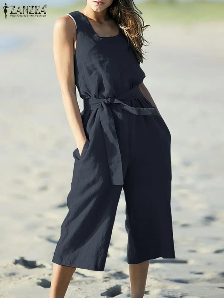 

Комбинезон ZANZEA женский с квадратным вырезом, однотонный тонкий элегантный Ромпер без рукавов, из чистого хлопка, офисный, на лето