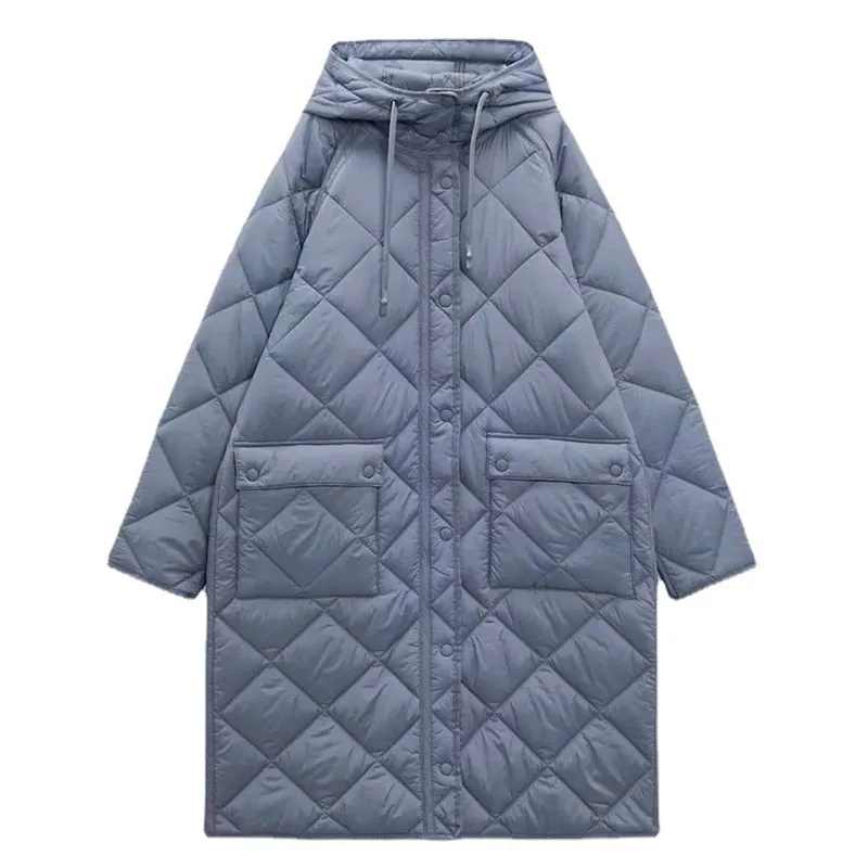 Woman Blue Hooded Parkas Coats Solid Casual Oversize Warm Big Pockets Mid-length Parkas Jackets Winter Thicken Outerwear Female
