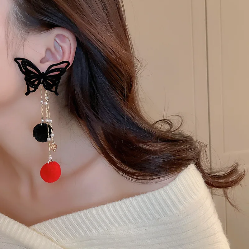 

Minar Punk Hollow Black Color Velvet Butterfly Wings Earrings for Women Faux Pearls Red Ball Long Tassel Dangle Drop Earrings