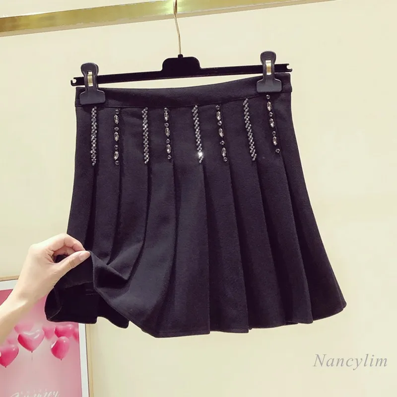 

Black Skirt for Women 2022 Spring Clothes New High Waist Slimming Korean Style Exquisite Rhinestone A- Line Pleated Short Skirts