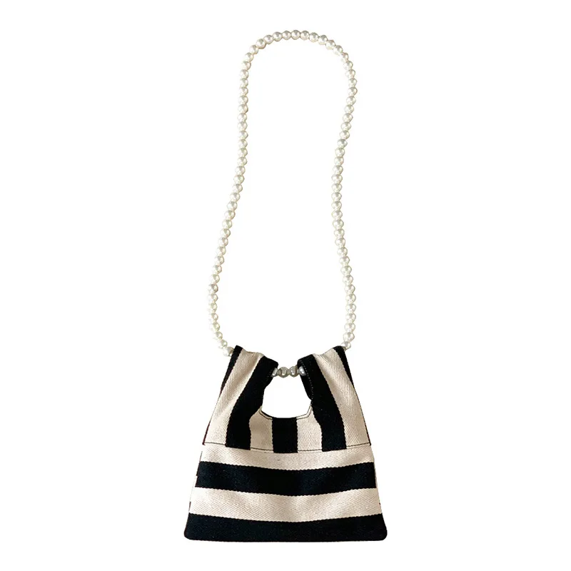 Pearl Chain Striped Canvas Handbag All-match One-shoulder Diagonal Mini Bag Underarm Bag Female Casual Handbag bolsa feminina