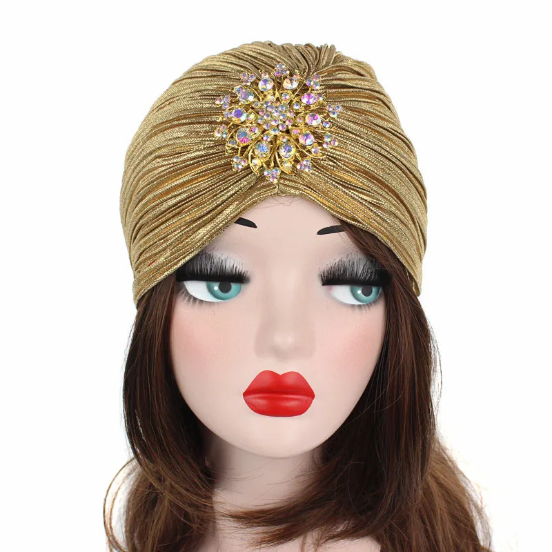 

2022 New Fashion Ladies Gold Silver Diamond Jewel Turban Hats For Women Chemo Bandana Hijab Pleated Indian Cap Turbante Hat