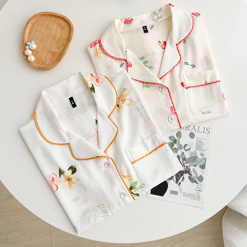 

2 шт., Женская атласная пижама с длинным рукавом, с цветочным принтом