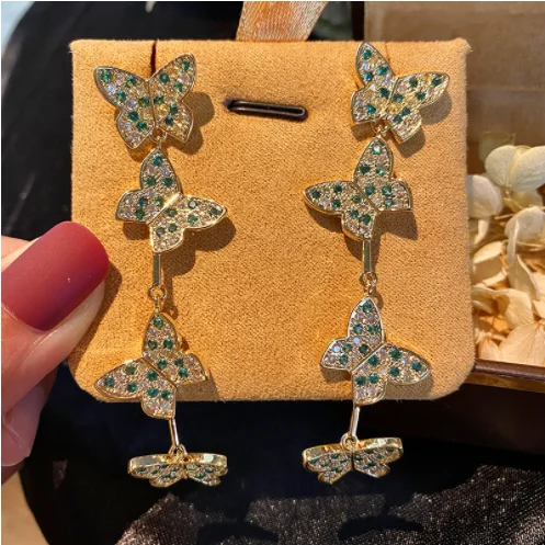 

S925 Silver Needle Fairy Butterfly Tassel Earrings Color Zircon Long Earrings Wholesale