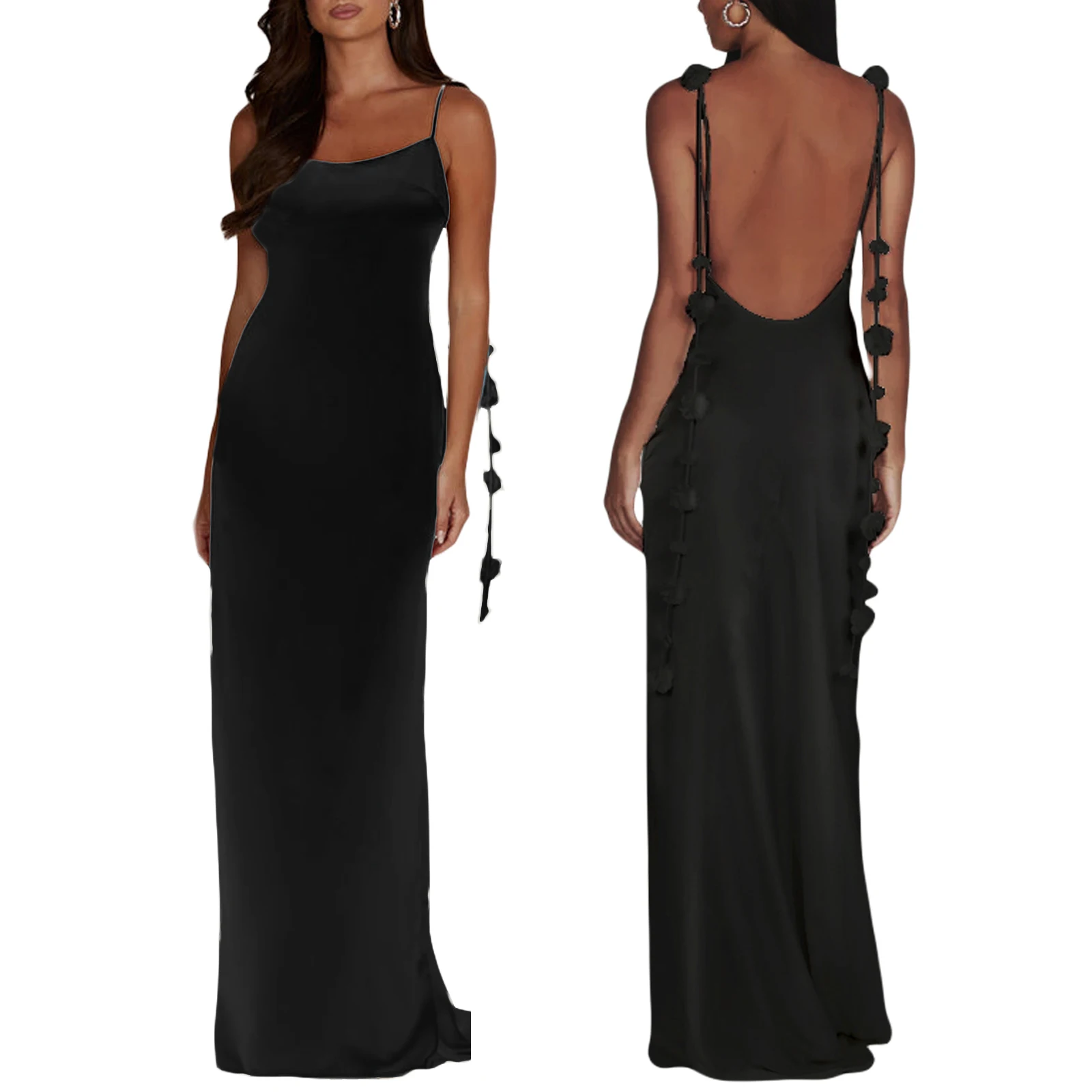 

Women Sexy Spaghetti Strap Dresses Sleeveless Backless Bodycon Tassel Dress Elegant Formal Cocktail Party Long Dress
