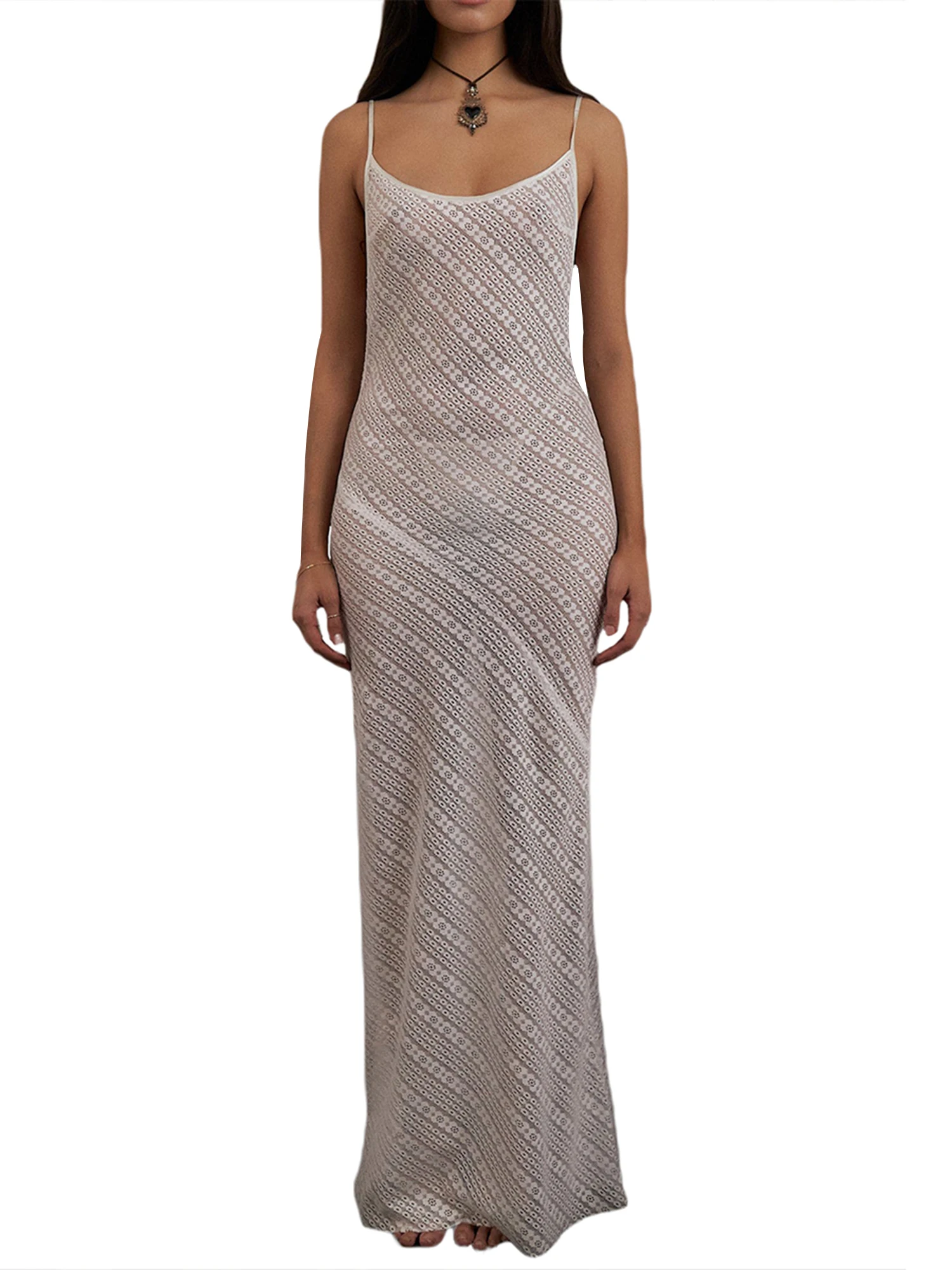 

FeMereina Donne senza maniche in pizzo puro maxi abito sexy Backless Mesh vedere attraverso abito lungo aderente floreale pizzo