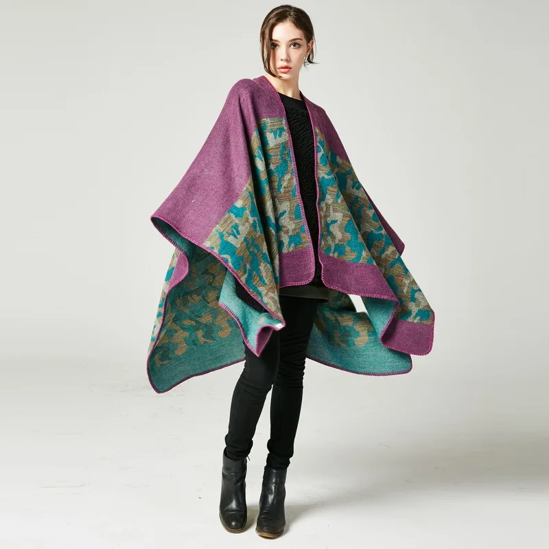 European  American Women's Fashion Camouflage Imitation Cashmere Split Fork Lengthened Thickened Cape Ponchos Lady Coat