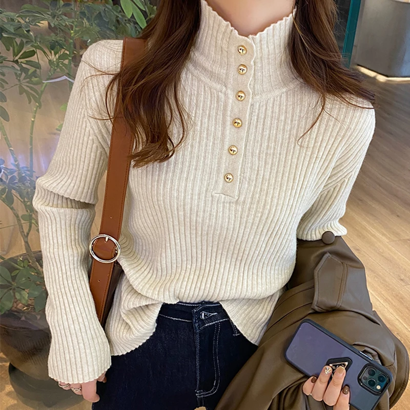 

Fashion Half High Collar Women Sweater 2023 Autumn Winter Button Knitted Pullovers Female Long Sleeve Top Woman Sweaters Jumpers