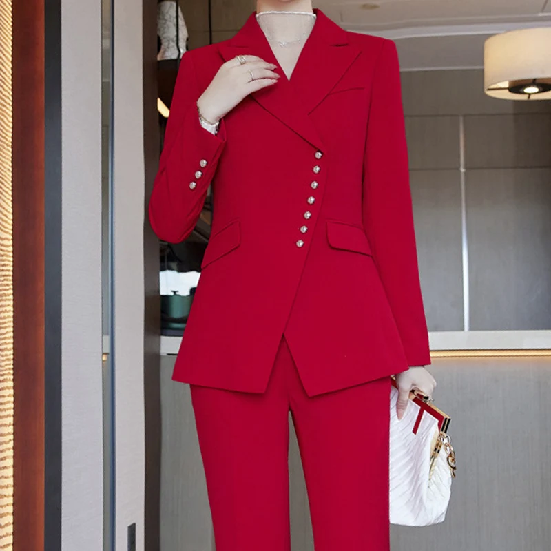 Slanted Breasted Chic and Elegant Woman Pants Set Lapel Blazers for Womens Sets Suit + Pants 2-piece Set Luxury Women's Suit