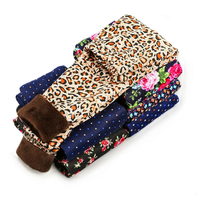 

New Children Fleece-Lined Warm Kidsleggings Floral Leopard Print Thickened Long Boys & Girls Wholesale Pants