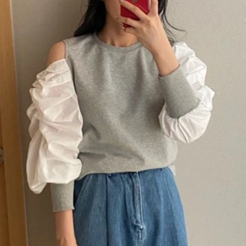 

Korean Fashion O Neck Blouse Woman Cut Out Off Shoulder Colorblock Blouses Women Pleated Puff Sleeve Casual Top Dropshipping