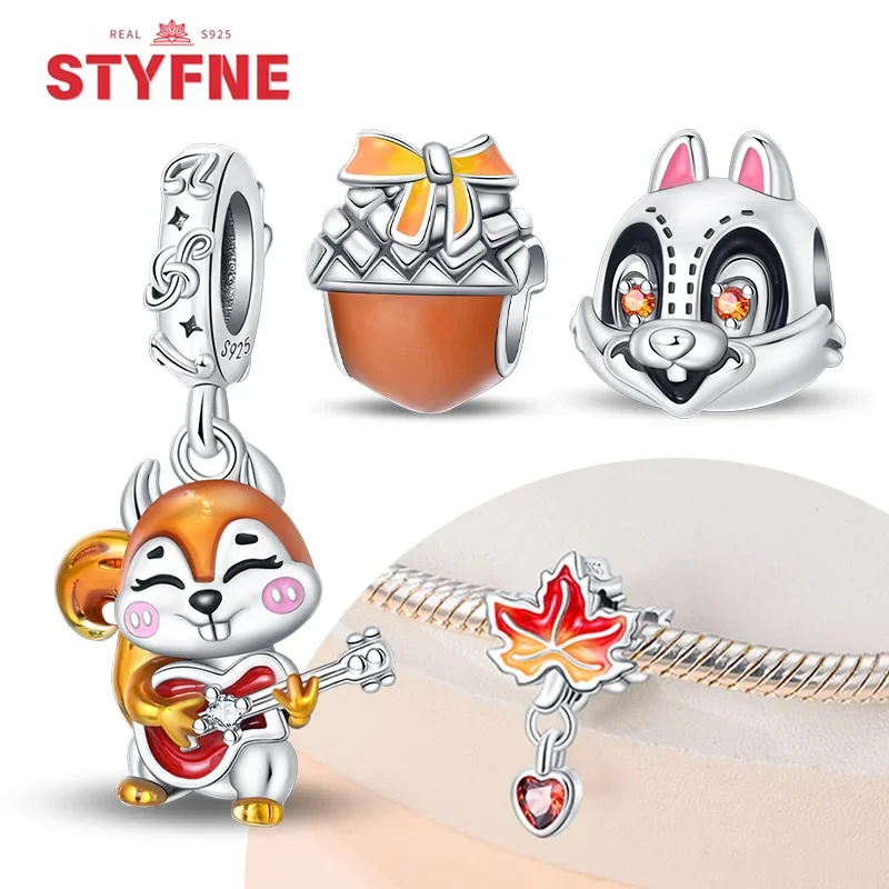 Осенние бусины из стерлингового серебра 925 пробы с кленовым листом и белкой