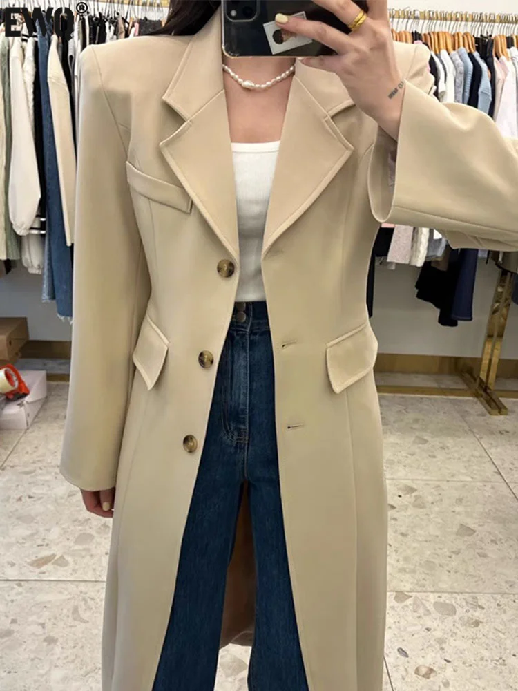 

[EWQ] Notched Collar Single Breasted Fashion Trench Coats For Women 2023 Autumn Winter New Retro Flap Pocket Slim Windbreak Coat