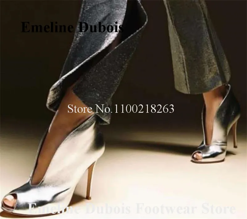 Shallow Short Boots Emeline Dubois Brand Peep Toe Silver V-cut Stiletto Heel Ankle Booties Slip-on High Heels Big Size Heels