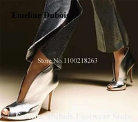 shallow short boots emeline dubois brand peep toe silver v cut stiletto heel ankle booties slip on high heels big size heels