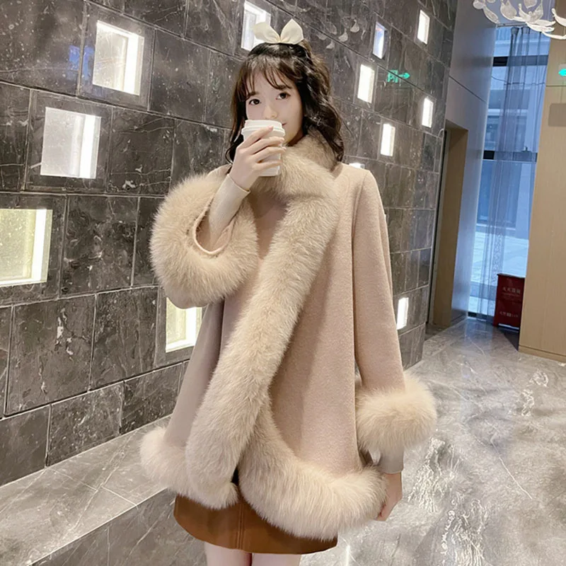 

New Autumn Winter Imitation Fox Fur Shawl Women Overcoat Loose Length Double-Sided Woolen Cloak Thicke Coat Female Outwear Parka