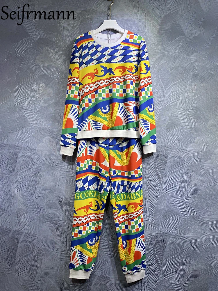 

Seifrmann, высококачественные летние женские модные дизайнерские брюки, комплекты, пуловеры с цветными блоками + длинные брюки с эластичным поясом