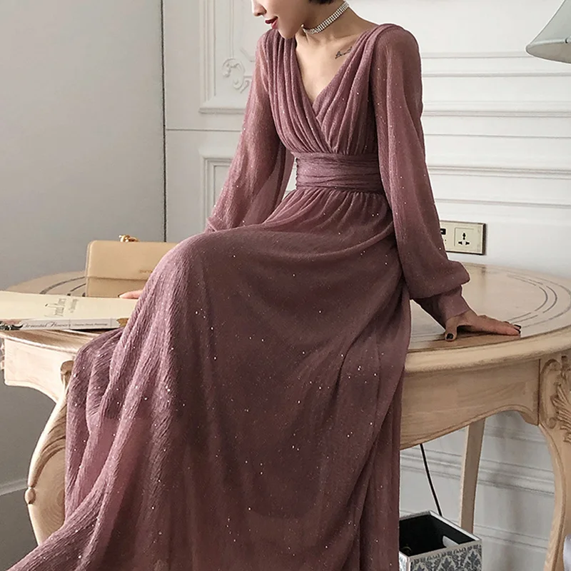 

Elegant V-Neck Party Dress Women Sweet Sexy Long Midi Dress Casual Slim Korean Chiffon Dress Plus Size High Waist Pleated Dress