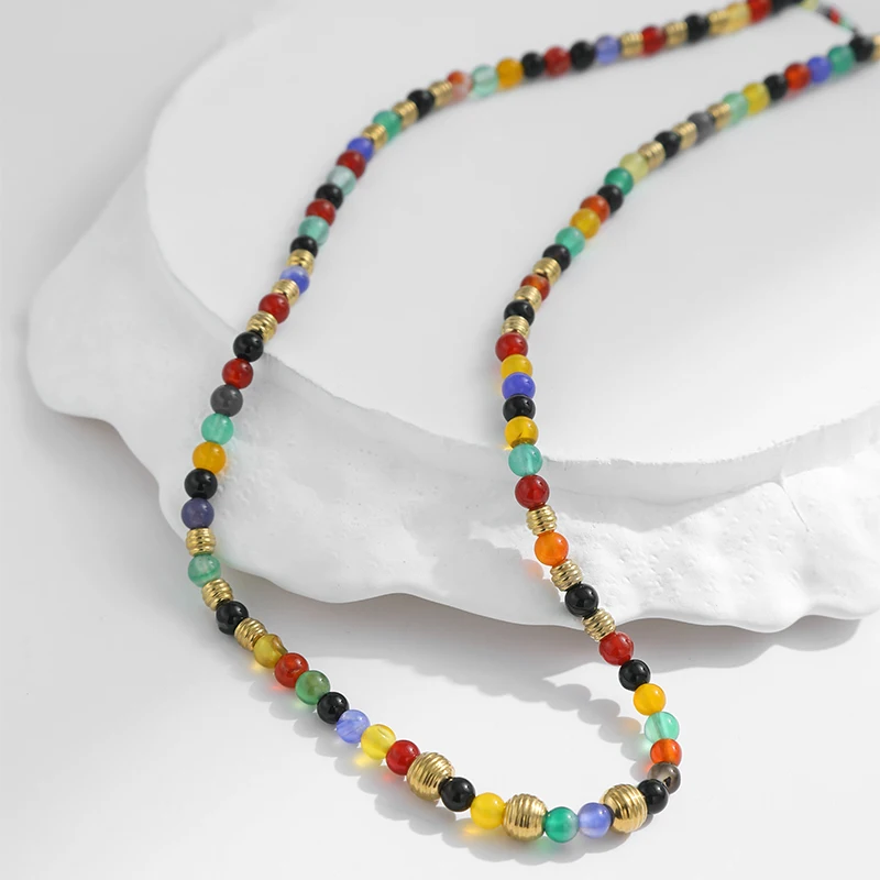 Мужское Ожерелье Из Нержавеющей Стали 50 См С Разноцветными Бусинами