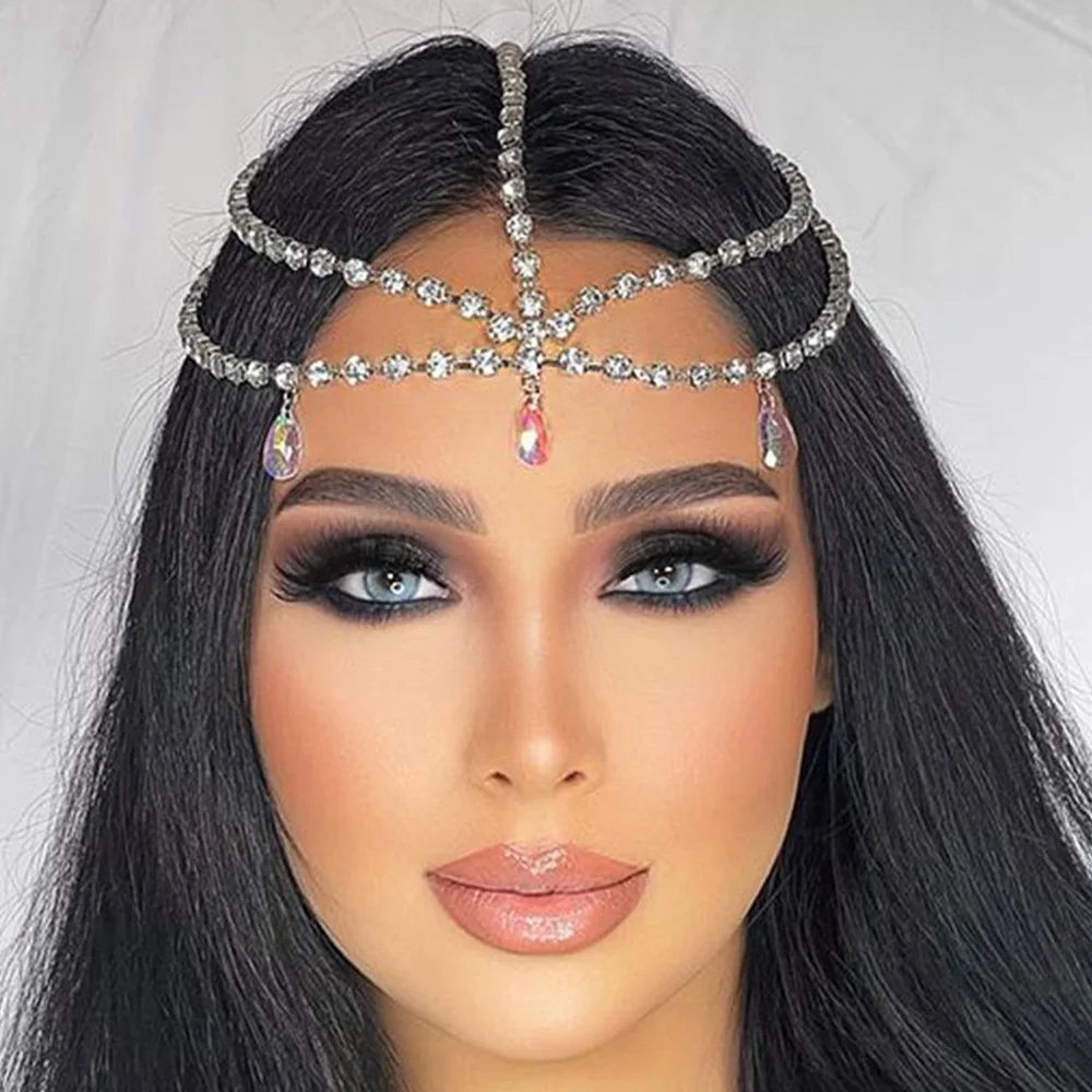 

Stonefans Indian Bride Headdress Rhinestone Forehead Water Drop Head Chain Wedding Headpiece Women Crystal Headband Hair Chain