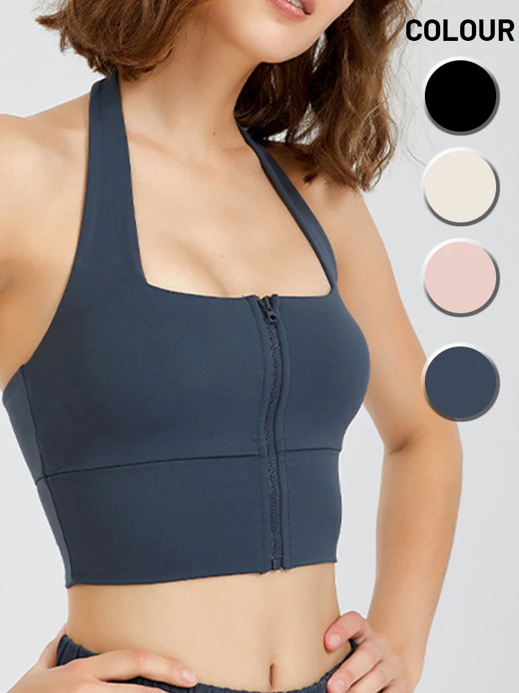 

Спортивный бюстгальтер на молнии с лямкой через шею ATHVOTAR, женский жилет для йоги с лямками через плечо, однотонный противоударный бюстгальт...