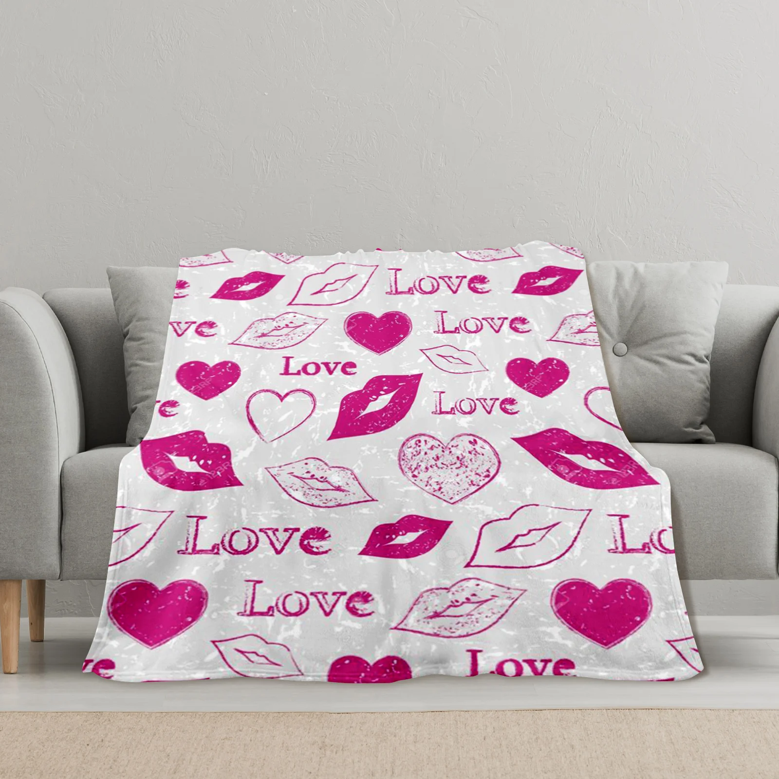 Элегантное одеяло с принтом губ цвета фуксии белого узорами в виде сердечек для