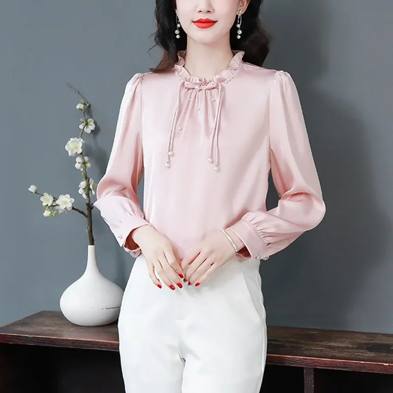 Женская шифоновая блузка с длинным рукавом воротником-стойкой