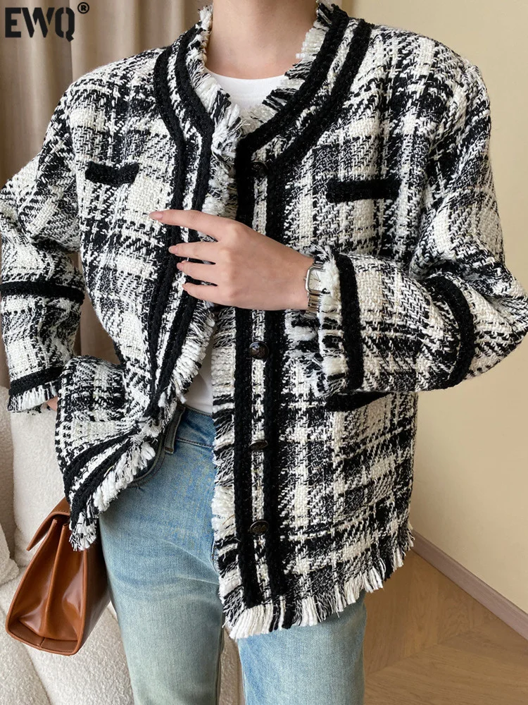 

[EWQ] Fashionable Plaid Contrast Tweed Jacket Long Sleeve Single Breasted Tassel Woolen Coat 2023 Autumn New Tide Autumn Clothes
