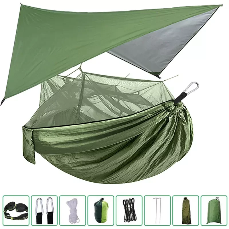 

2023 2021Outdoor, Backpacking, Travel, Beach, Hiking Portable Camping Hammock with Mosquito Net, Rain Fly and Tree Straps for In