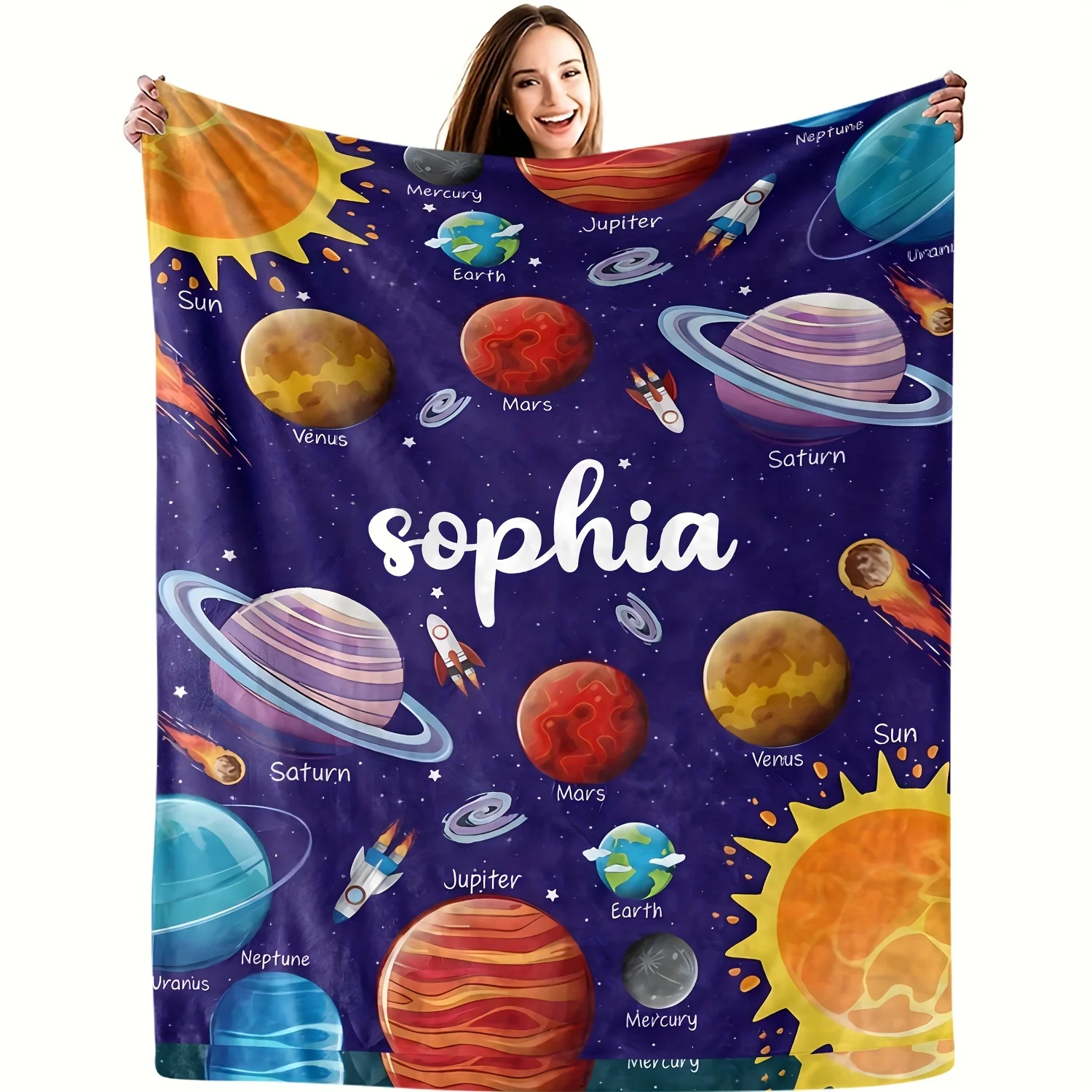 Personalized Custom Name Space Planets Throw Blanket - Soft 100% Polyester Flannel Fleece with Digital Print All Seasons Lodge