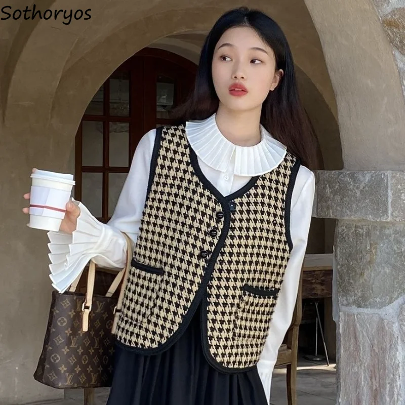 

Vests Women Plaid Daily Designer Basic All-match Students Elegant Cozy Autumn V-neck Simple Trendy Korean Style Leisure Vintage