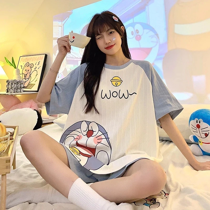 

Summer Women Pajama Sets Lady's Pajamas Cartoon Doraemon Sleepwear Pyjama Short Sleeve Cotton Pijama Mujer Kawaii Pajamas