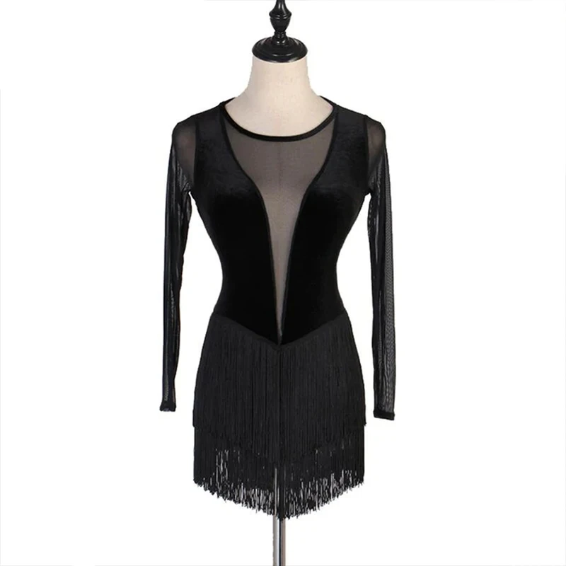 Customisable Latin Dance Women´S Dresses Long Sleeve Sexy See Through Latin Dress Competition Stage Performance Costume Ladies