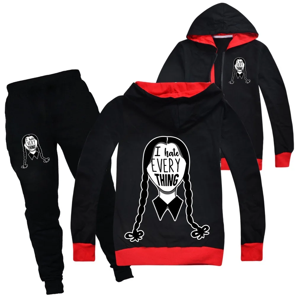 

Wednesday Addams Cosplay I Hate Every Thing Clothing Kids Spring Autumn Zipper Hoodie + Pants Tracksuit Children Jogging Clothe