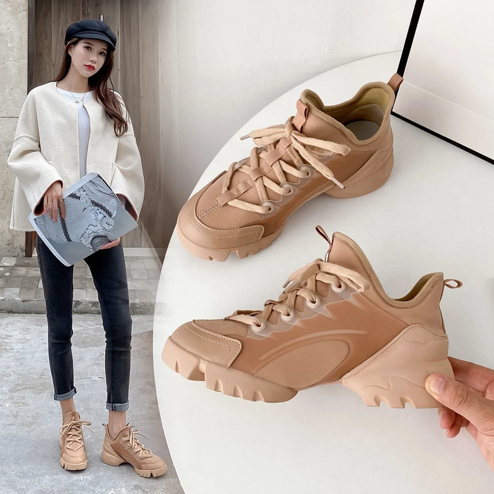 ZHR 2023  Wedges Sneakers Women Shoes Leather Chunky Heel Thick Bottom Round Toe Breathing Female Vulcanize Shoes G392