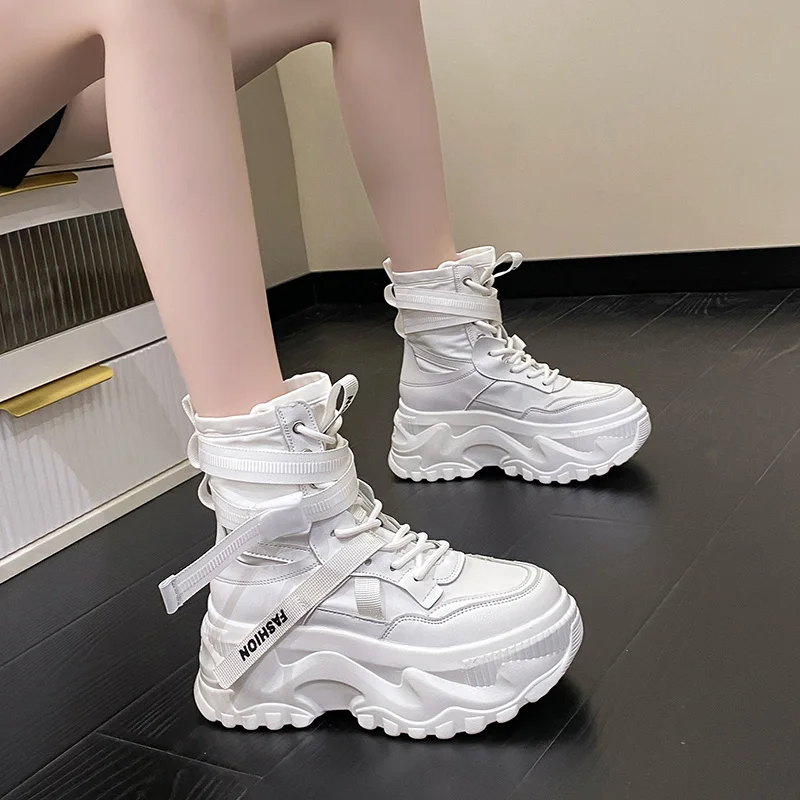 Platform High-Top Shoes Women's 2022 New Autumn Versatile Height Increasing Insole Casual White Shoes Muffin Daddy Shoes