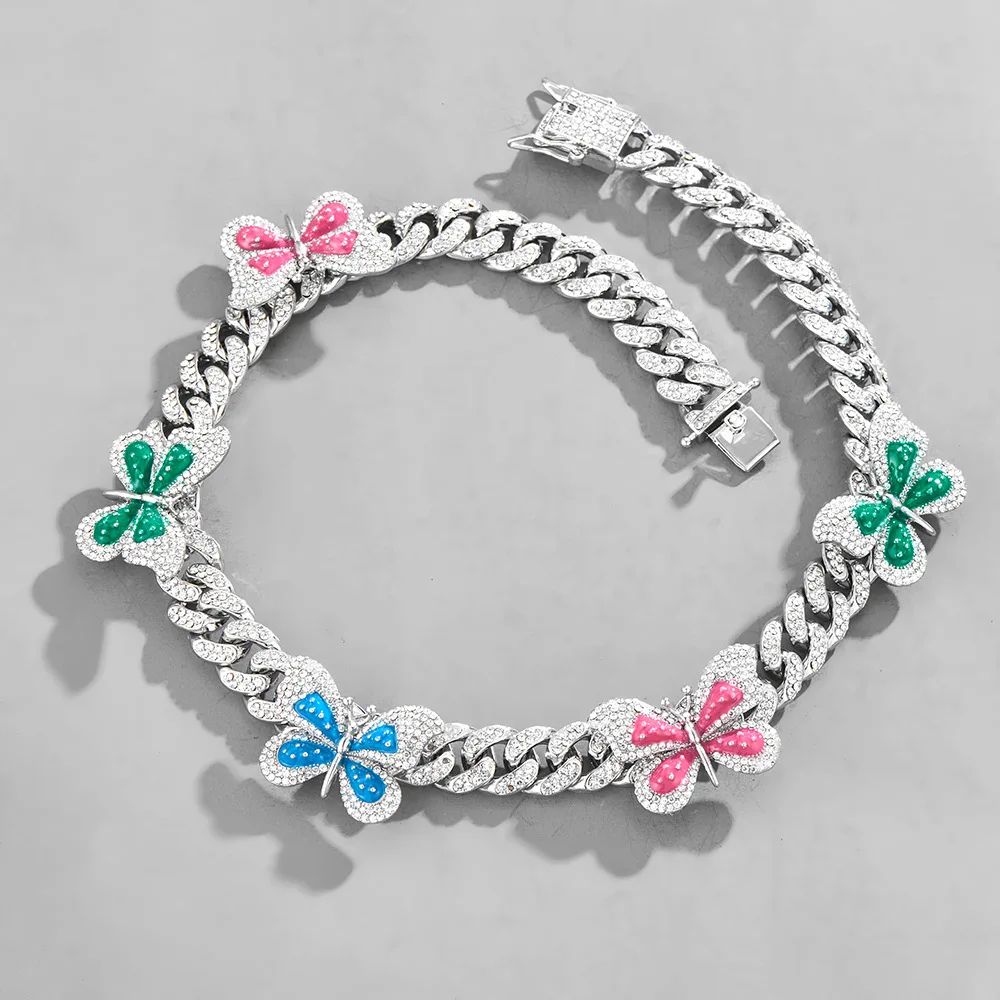 

Best Lady Rotatable Color Big Butterfly Full Diamond Male Hip-Hop Necklace Bracelet Retro Female Couple Cuban Clavicle Chain