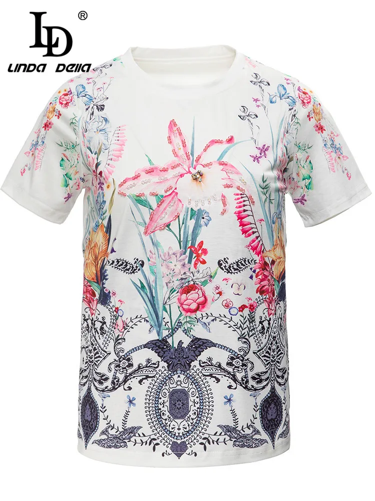 

LD LINDA DELLA New 2023 Fashion Runway Summer Women Top Short sleeve Beading Flower print White T-shirt