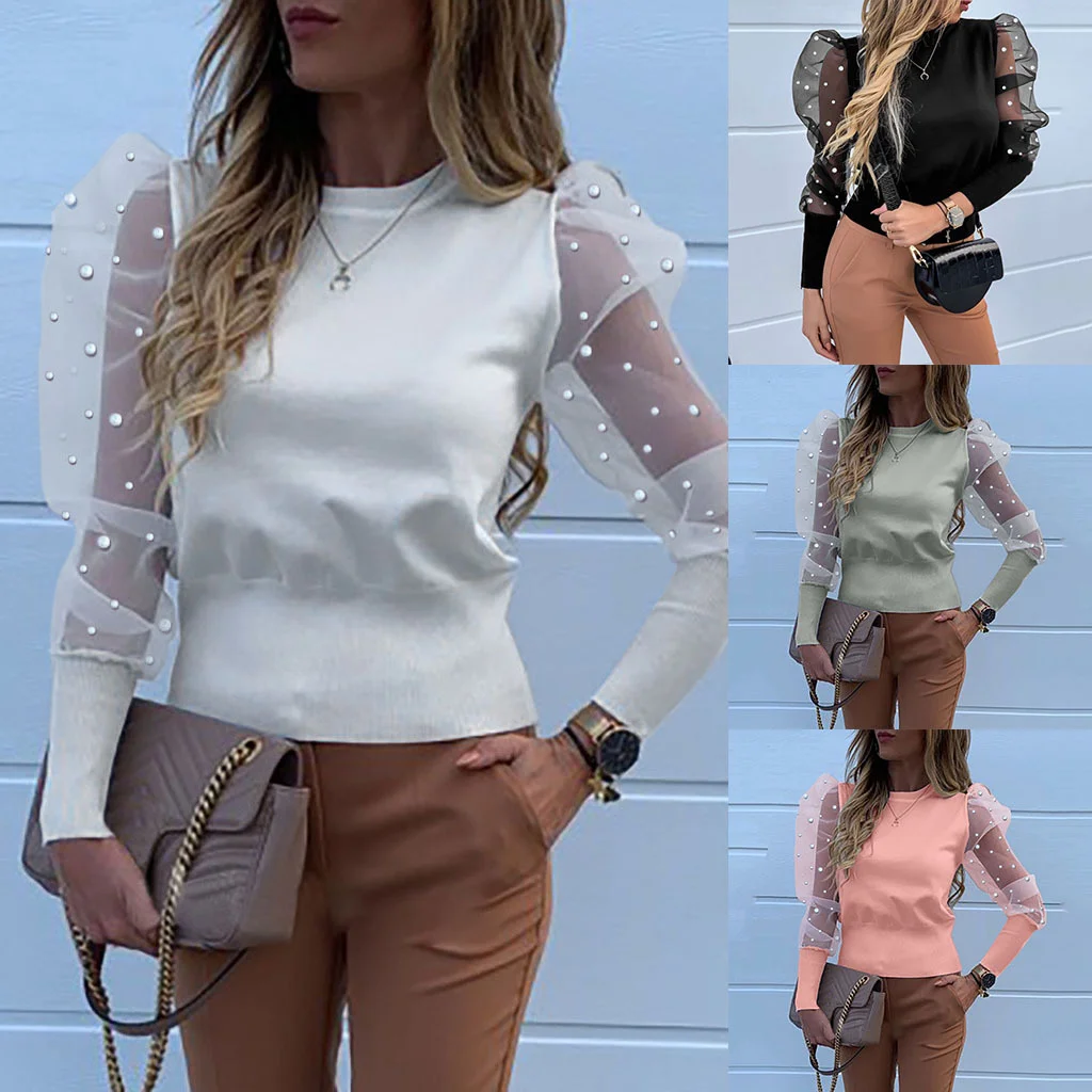 

Pearl O-Neck Lace Blouse Shirt Women Elegant Puff Sleeve Womens Tops and Blouses Top Tee Harajuku Streetwear Casual Tops Shirts
