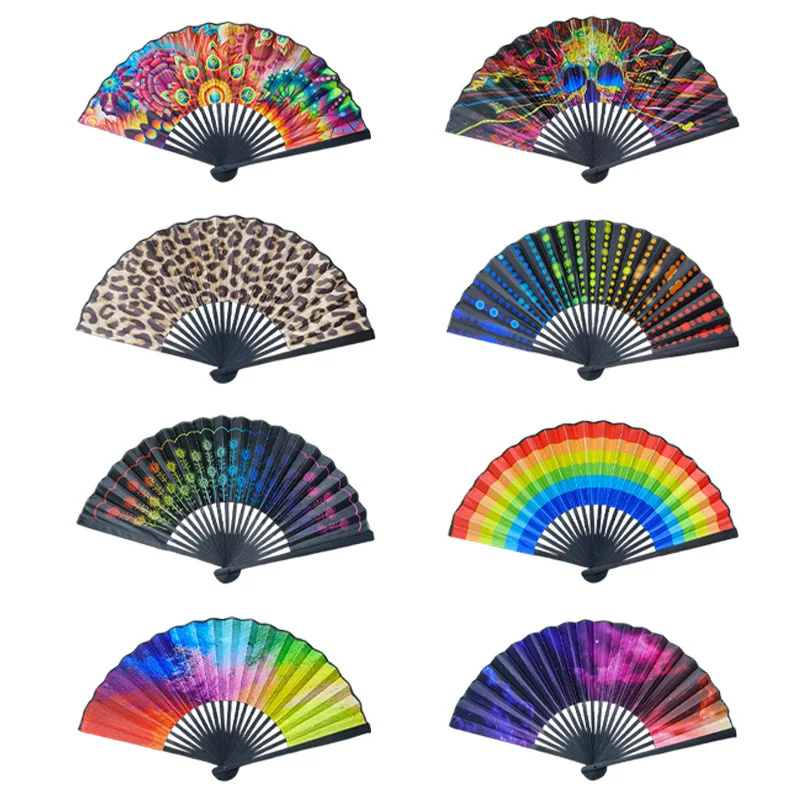 

23cm Classic Folding Fan Hand Fans Rainbow Print Black Bamboo Bone Fan Cooling Handheld Fan Festival Performance Dance Fan Gifts