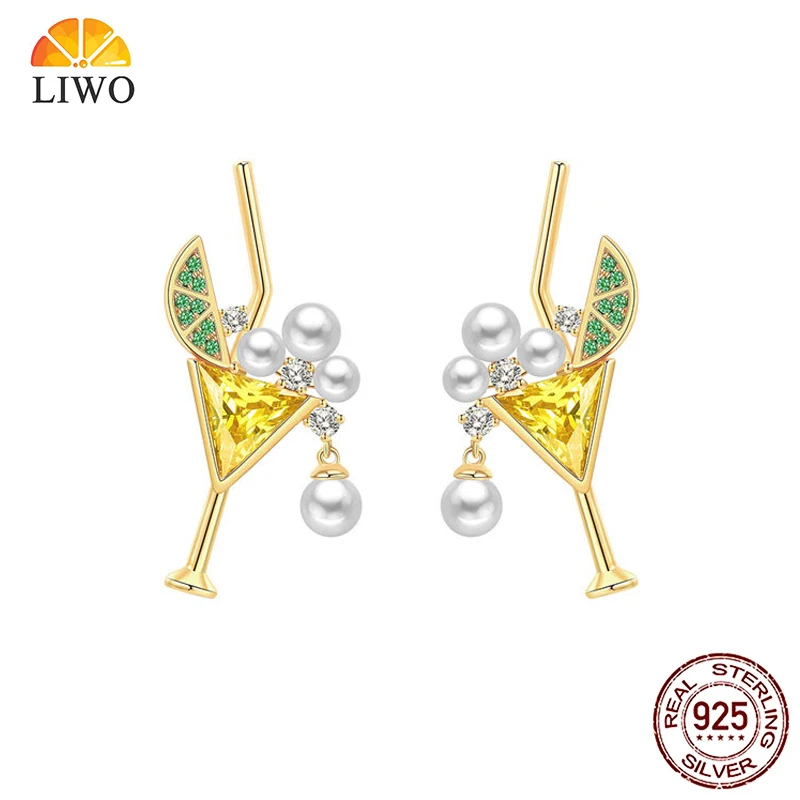 

Liwo Sterling Silver Cocktail Pearl Stud Earring Men Trendy Green CZ Yellow Crystal Earrings Fine Jewelry Birthday Gift for Girl