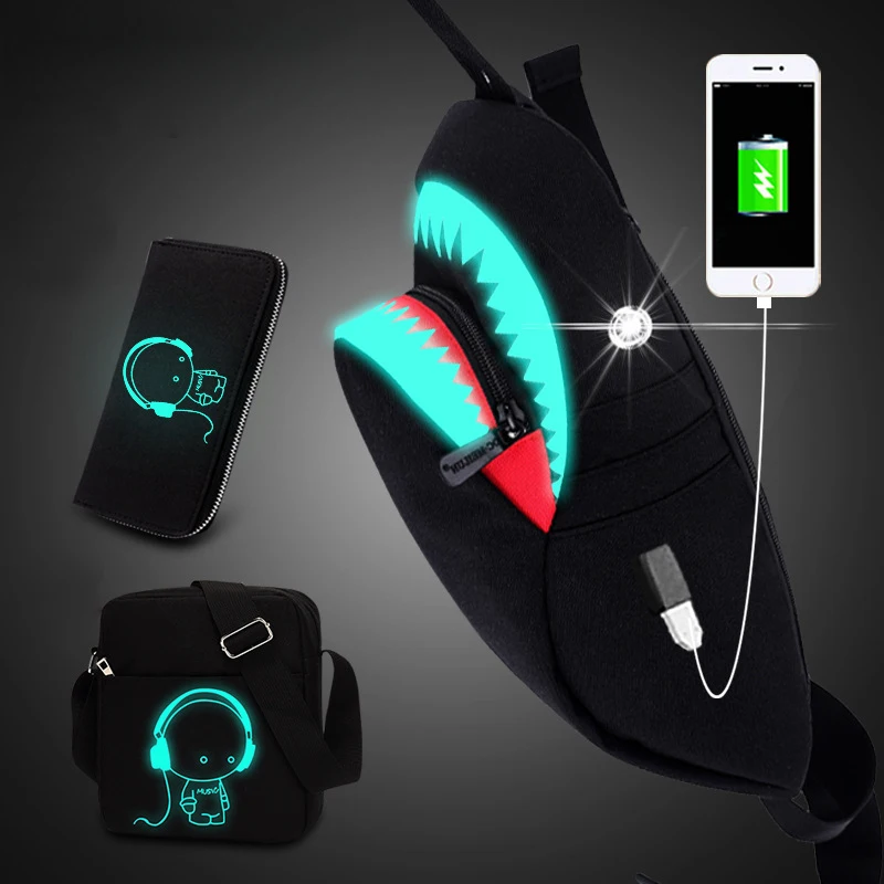 

Luminous 3PC/2PC Chest Bag Men Anti Theft USB Rechargeable Crossbody Bags Boys Single Shoulder Bag Pack Pocket Handbag Designer
