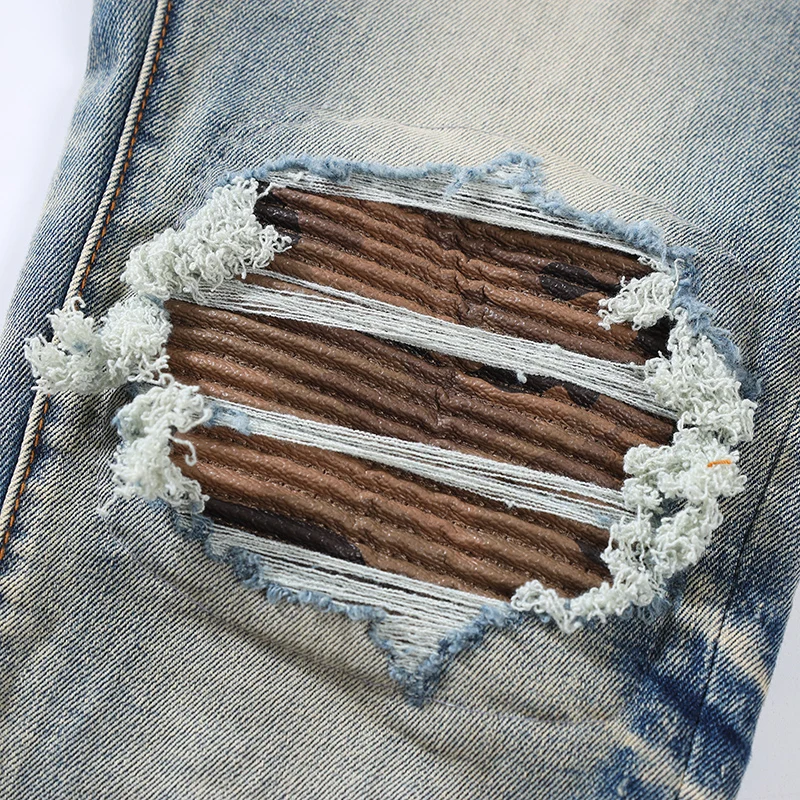 High Street Fashion Men Jeans Retro Gray Blue Elastic Stretch Skinny Ripped Jeans Men Brown Patched Designer Hip Hop Brand Pants