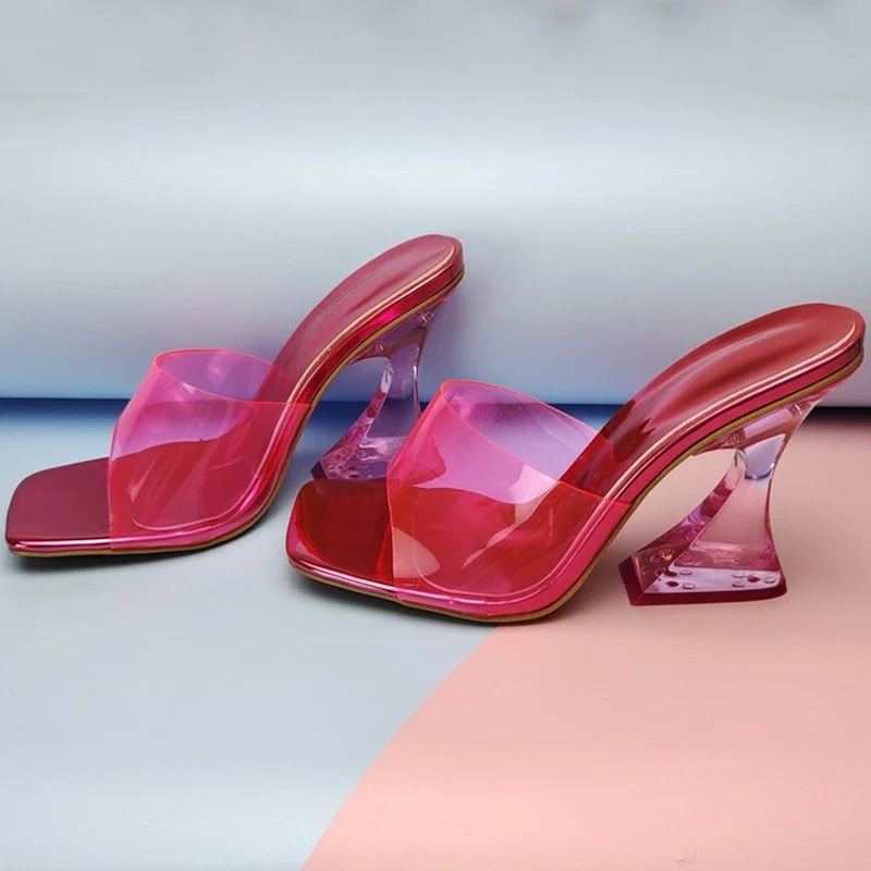 

2022 Transparent PVC Women Slippers Fashion Square toe Cup heeled Summer Female Mules Slides High heels Sandals Shoes