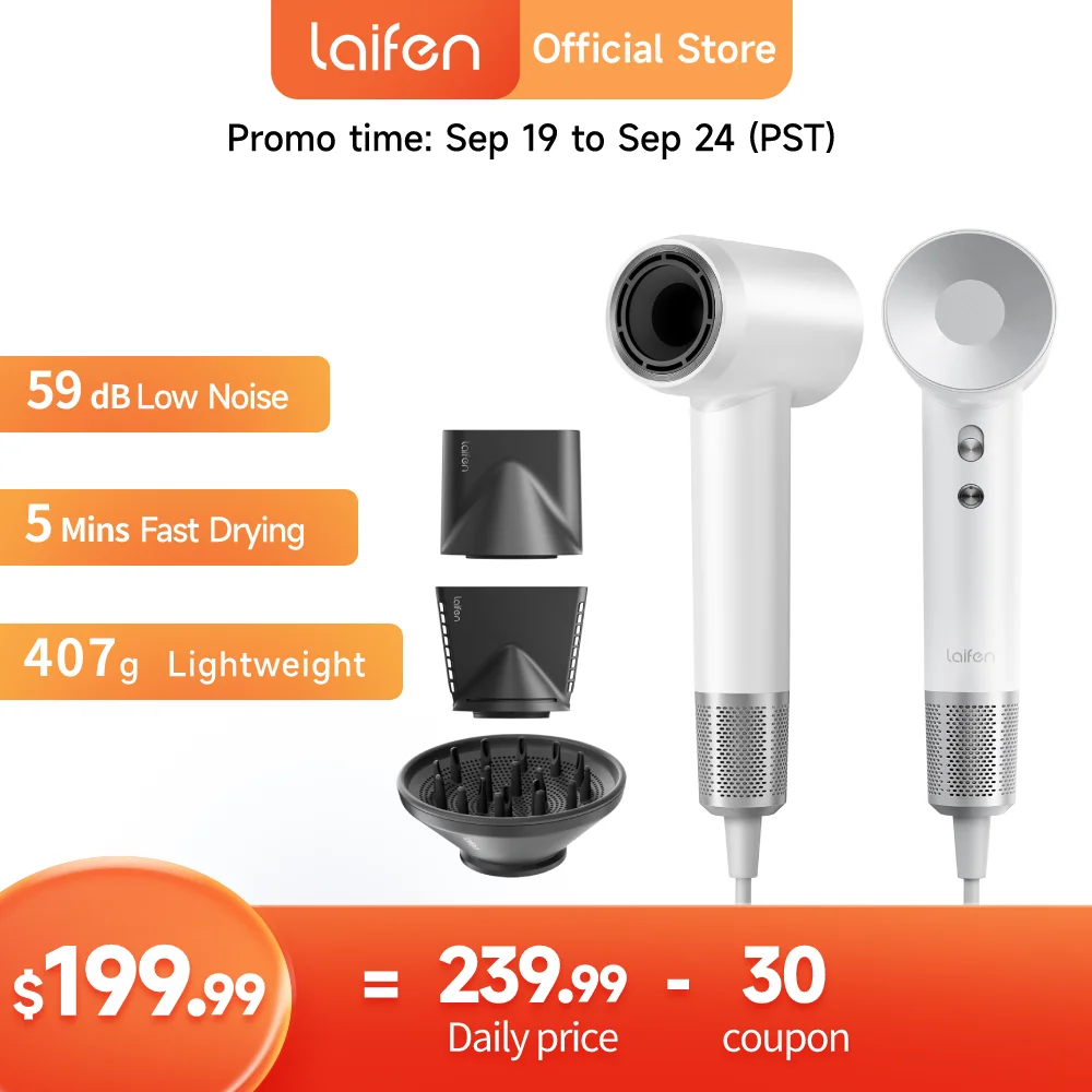 

Laifen Swift Special Negative Lonic Hair Dryer With 3 Nozzles High-Speed BLDC Motor 59dB Low Noise 407g Lightweight For Home