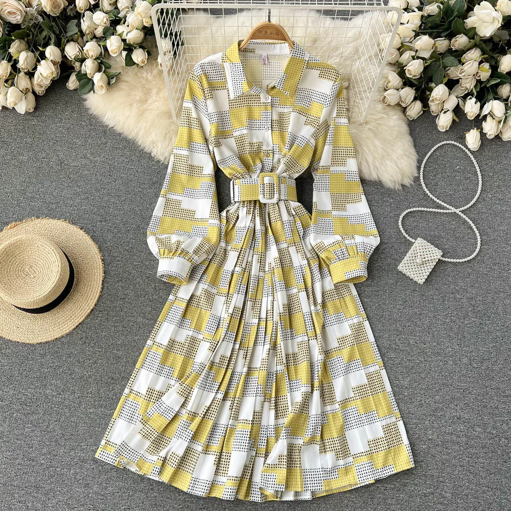 

2022 Plaid Socialite Luxury Pleated Bag Hip Slim Retro Puff Sleeve Sashes A-LINE Casual Mid-Calf Dresses Women