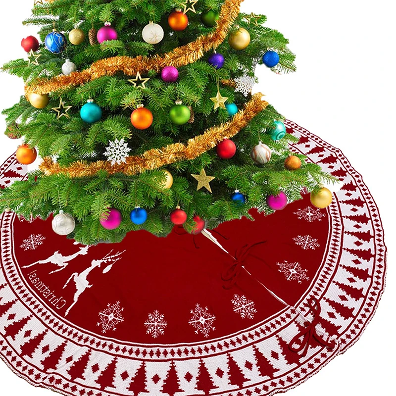 

2021 New Christmas Tree Bottom Decorations 95cm/122cm Snowflake Deer Pattern Red Knitted Christmas Tree Skirt