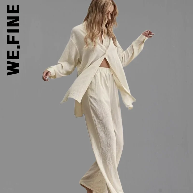 

We.Fine Fashion Elegant Loose Elastic High Wasit Pants 2 Pieces Set Women Shirt Suits Long Sleeve Lapel Shirts Office Outfit
