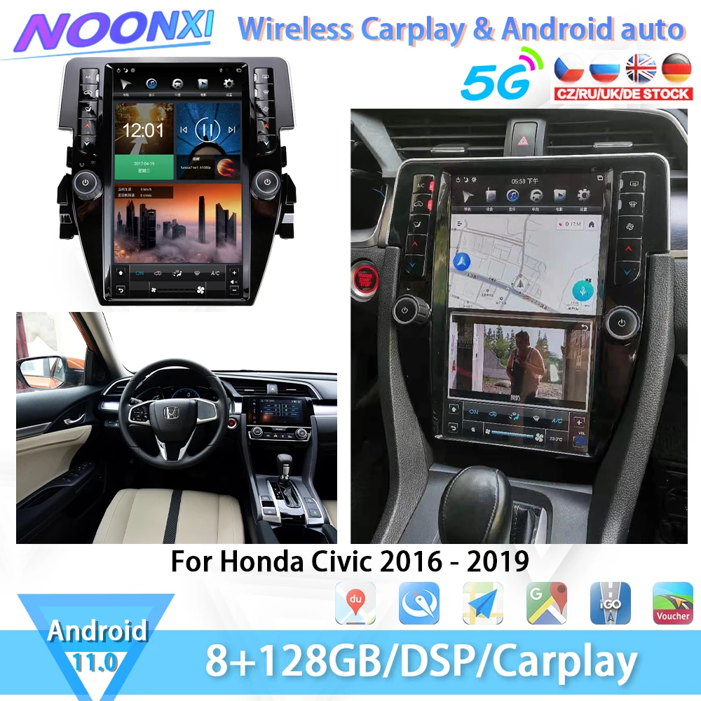 128 ГБ Tesla Style для Honda Civic 2016 ~ 2019 Android 11 автомобильное радио мультимедийный плеер