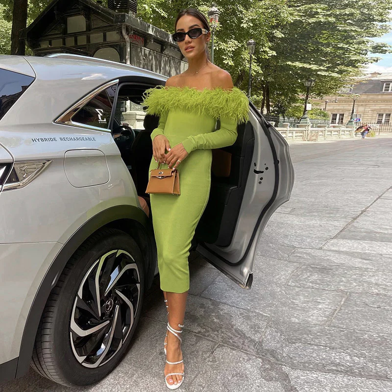 

Drop Shipping Women's Off Shoulder Knit Ribbed Elegant Long Sleeve Blush Evening Ostrich Feathers Midi Dress In Green